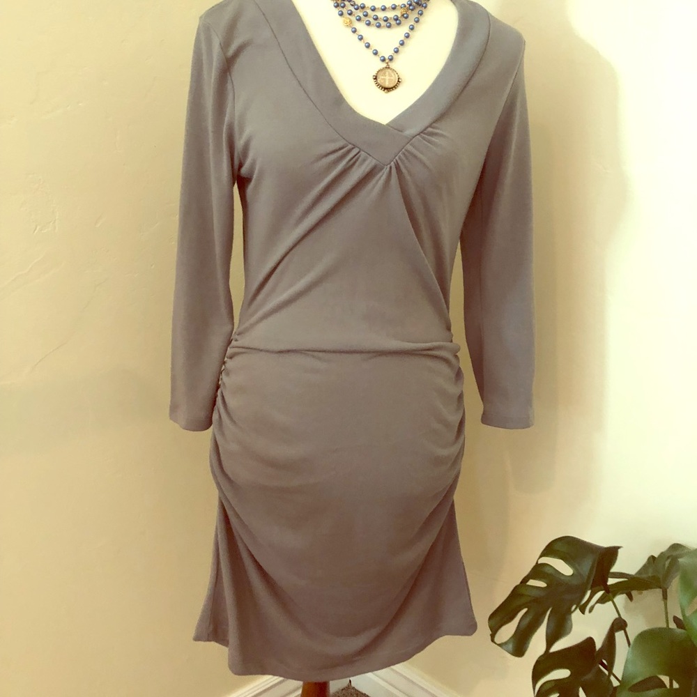 Ribbed and rouched; knee length body con dress